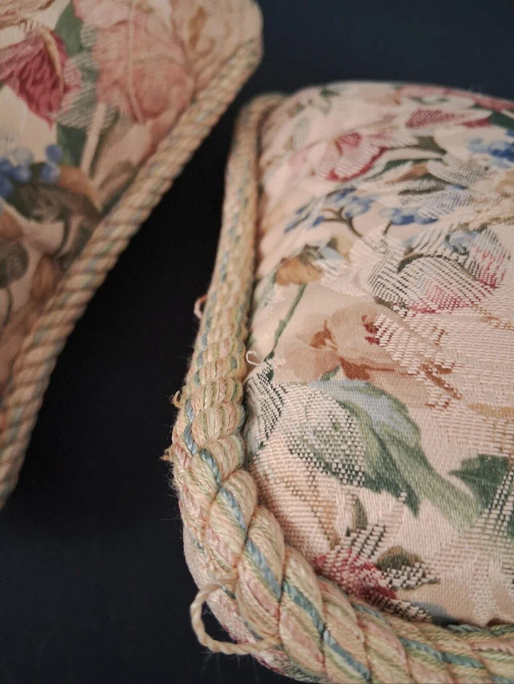 2 Vintage Jacquard Throw Pillows Boho Romantic Cottagecore Cord Trim Brocade